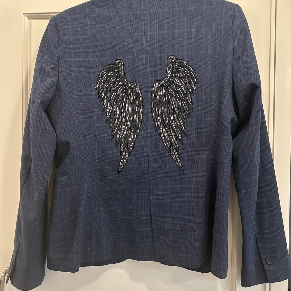 HipChik Couture Navy and Black Plaid Blazer with Wings Applique On Back Size 6